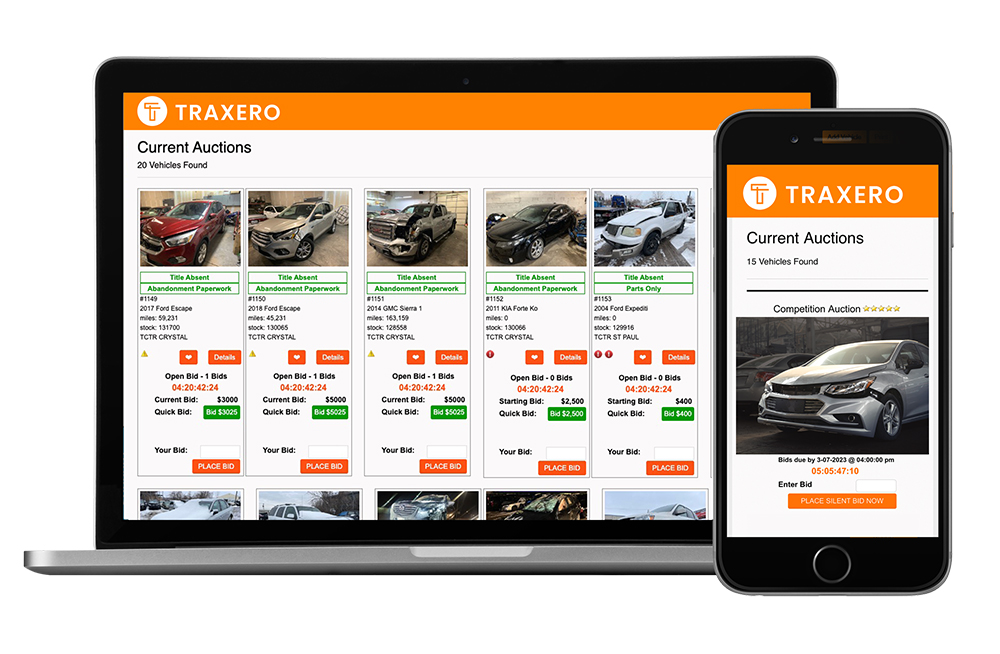 Impound vehicle auction software screens on laptop and mobile device