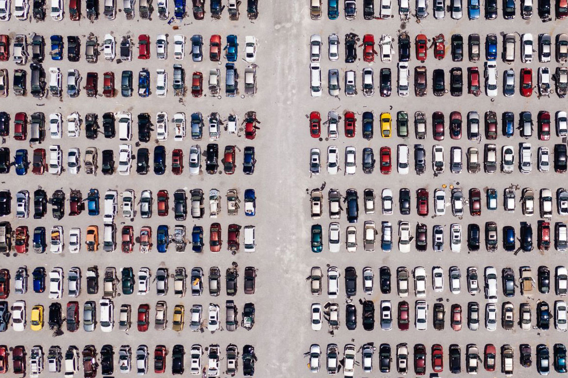 Aerial view of an impound lot filled with vehicles