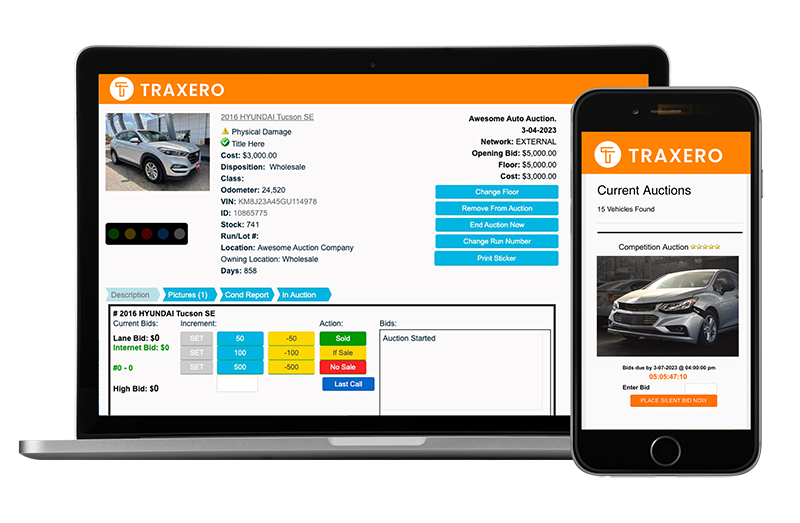 Impound vehicle auction software on mobile and laptop