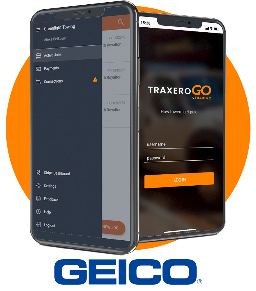 GEICO logo and TraxeroGO on mobile devices