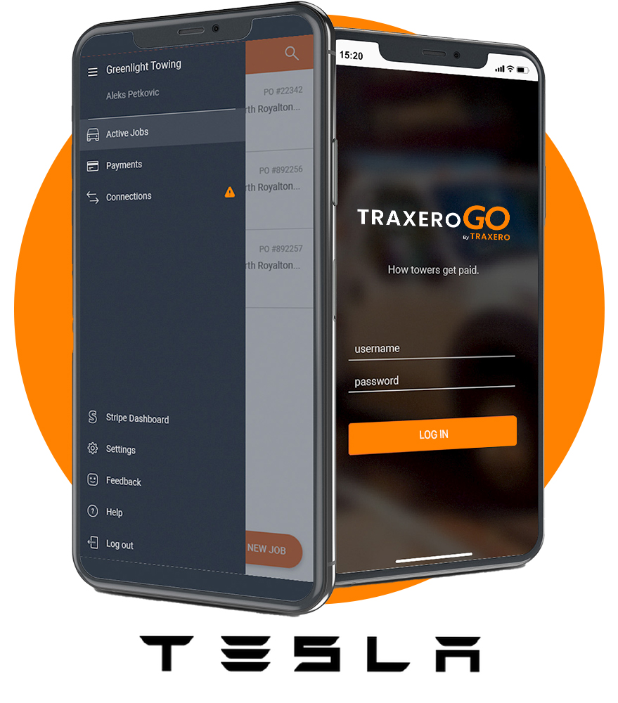 TraxeroGO screen on Apple iPhone with Tesla logo