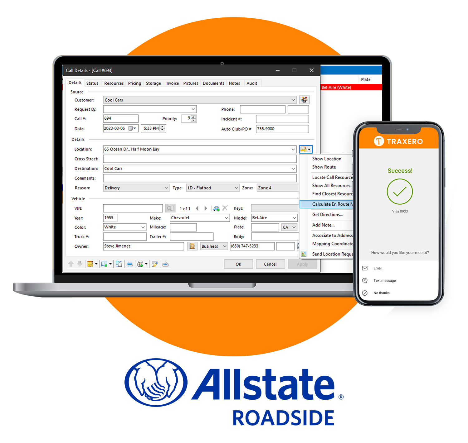 Towing Management and Digital Dispatch Software screens on devices and the Allstate Roadside logo