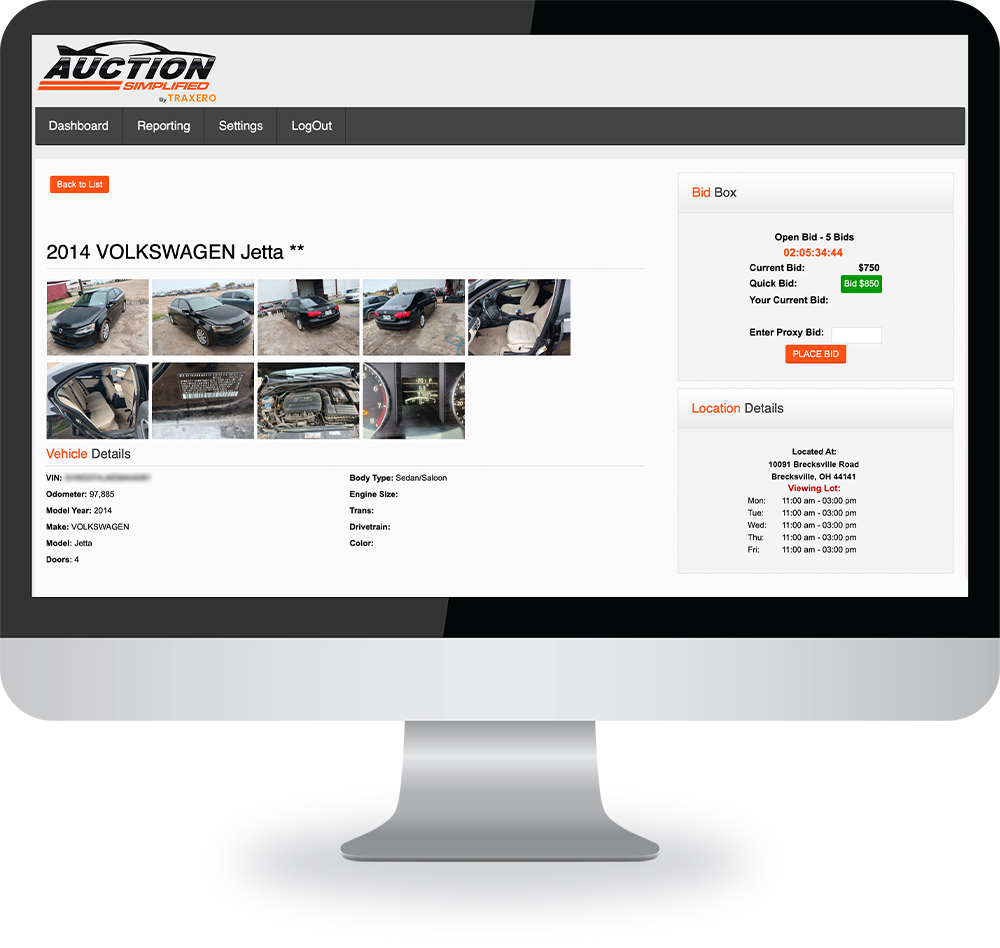 Vehicle product description page preview for Auction Simplified by TRAXERO on a Mac computer screen
