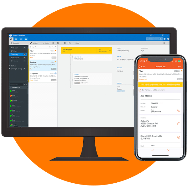 Dispatch Anywhere by TRAXERO software on a desktop monitor and mobile device