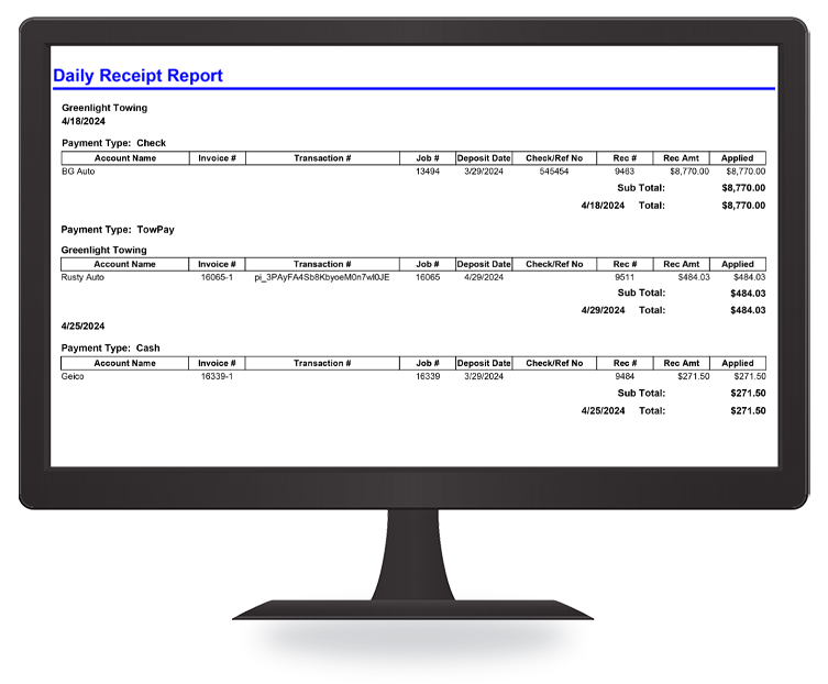 Daily Receipt Report within Dispatch Anywhere