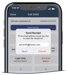 TOPS Driver App by TRAXERO showing a job receipt screen