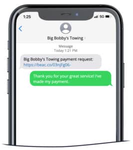 Sample link to pay text message to capture payment for towing services provded