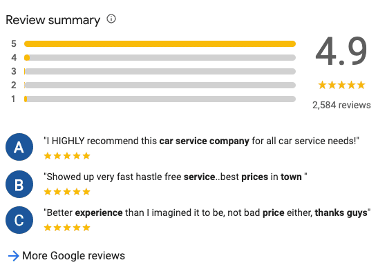 Sample Google Business Profile customer reviews for a towing company