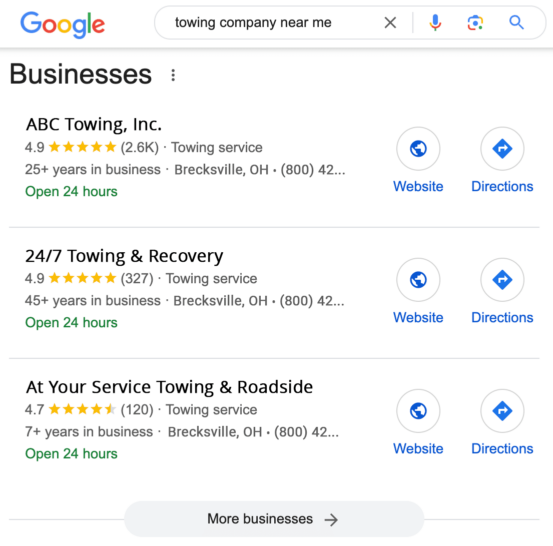 Sample Google Business Profile results searching towing company near me