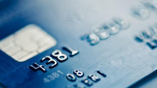 A closeup of a blue credit card